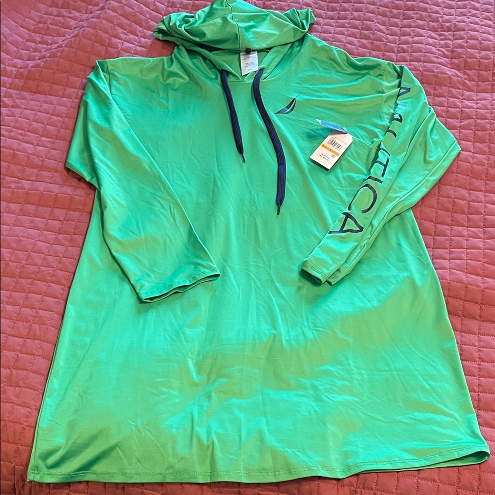 Nautica Bright Green Hooded Beach coverup Dress, UPF 30